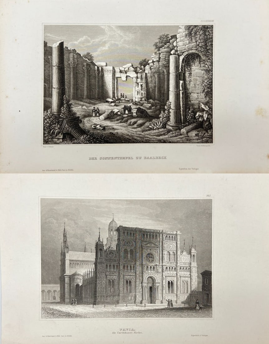 Karl Reiss – Set of 2 Original Antique Prints – The Sun Temple in Baalbek and Pavia, the (1 of 3)