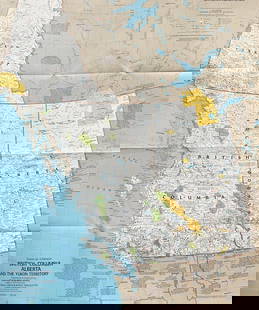 National Geographic Society – British Columbia Alberta and the Yukon Territory – Map: This printed map on paper produced by the National Geographic Society shows the Canadian provinces of British Columbia and Alberta, along with the Yukon Territory. The map details political boundaries