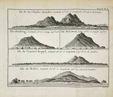 Captain James Cook – Coastal Views Engraving – Isle de Sir Charles Saunders, Isle Osnaburg: This rare engraving presents five detailed coastal views of islands in the South Pacific as charted by Captain James Cook on his 1773 expedition. The sheet illustrates Sir Charles Saunders Island, Osn