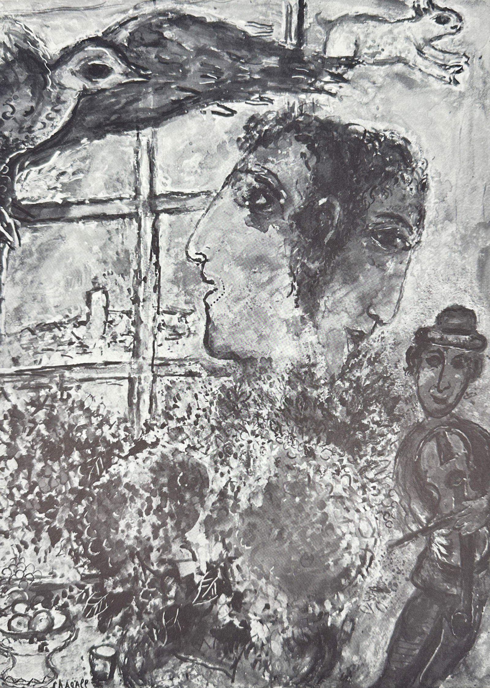 Marc Chagall (1887–1985) – Double profil – Lithograph (Mid-20th Century): Black-and-white lithograph titled Double profil, depicting overlapping facial profiles surrounded by floral textures, musical motifs, and dreamlike animals. With a violinist and windowed interior in t