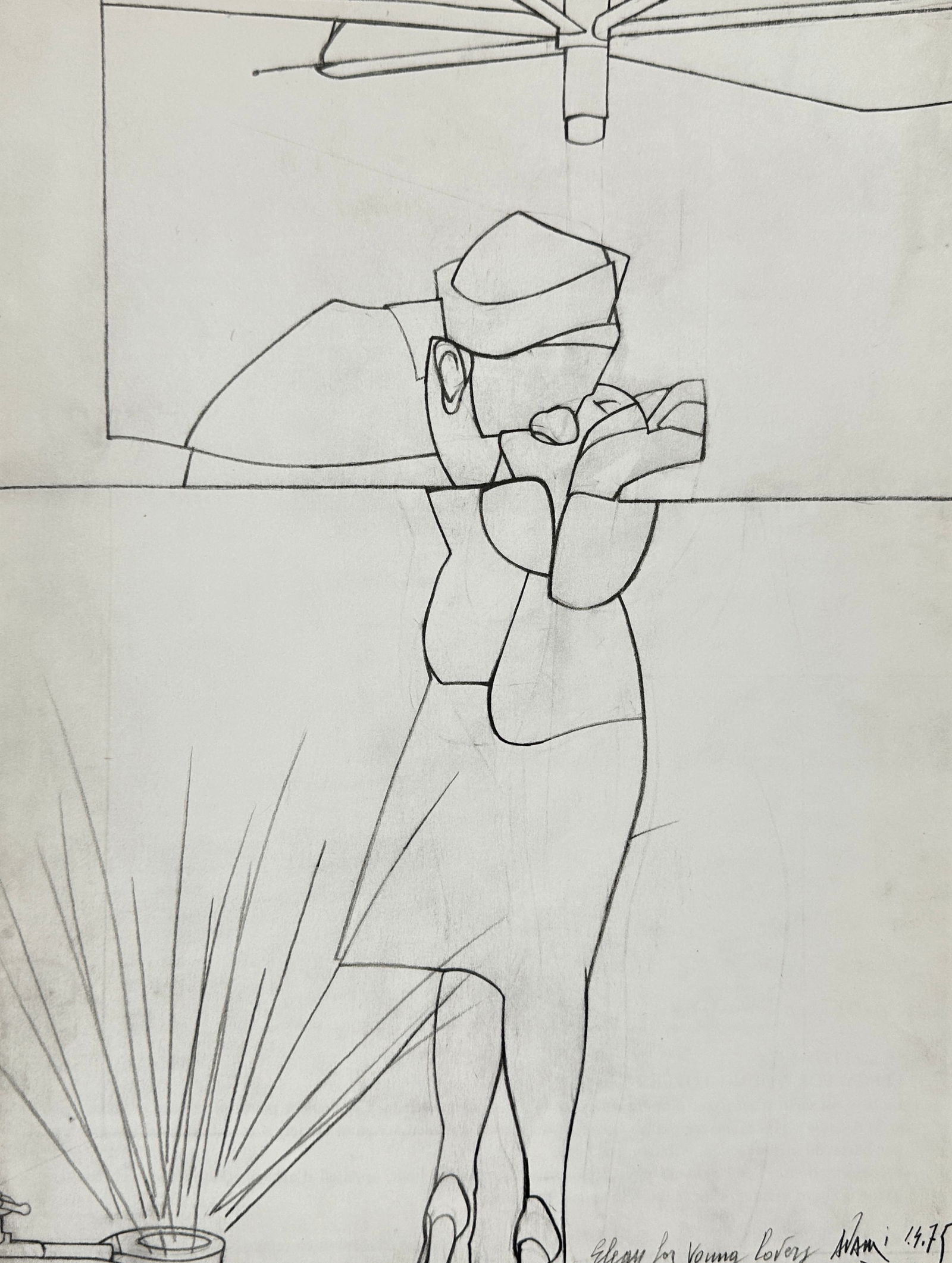 Valerio Adami (b. 1935) – Elegy for Young Lovers – Lithograph (1974): Delicate black-and-white lithograph titled Elegy for Young Lovers, created by Valerio Adami and dated 1974. The work presents a stylized couple mid-embrace, rendered in Adami’s signature graphic con