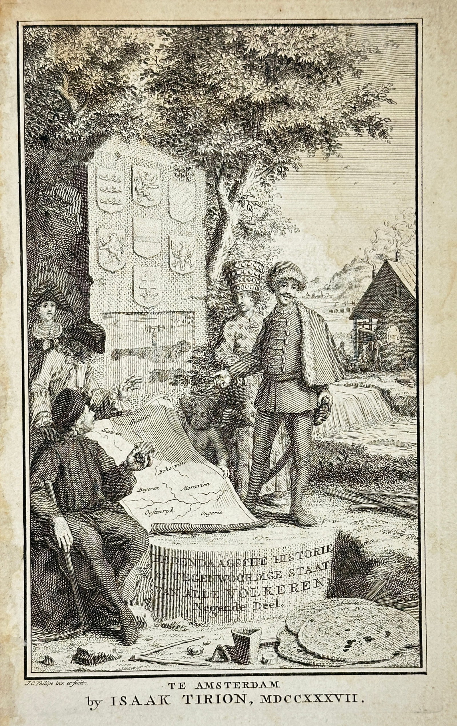 J. C. Philips (1690–1775) – Frontispiece for Isaak Tirion’s Hedendaagsche Historie –: Engraved frontispiece created by Jan Caspar Philips for Isaak Tirion’s historical publication Hedendaagsche Historie of Tegenwoordige Staat van alle Volkeren, published in Amsterdam in 1737. The com