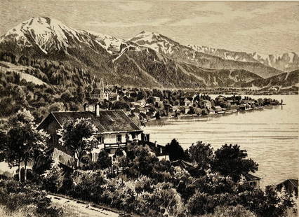 Alexander Zerrener – Swiss Alpine Village with Lake View – Etching (c. 1920s): This atmospheric etching by Alexander Zerrener captures a panoramic view of a peaceful Swiss village nestled between a lake and dramatic alpine peaks. The composition is marked by its layered perspect