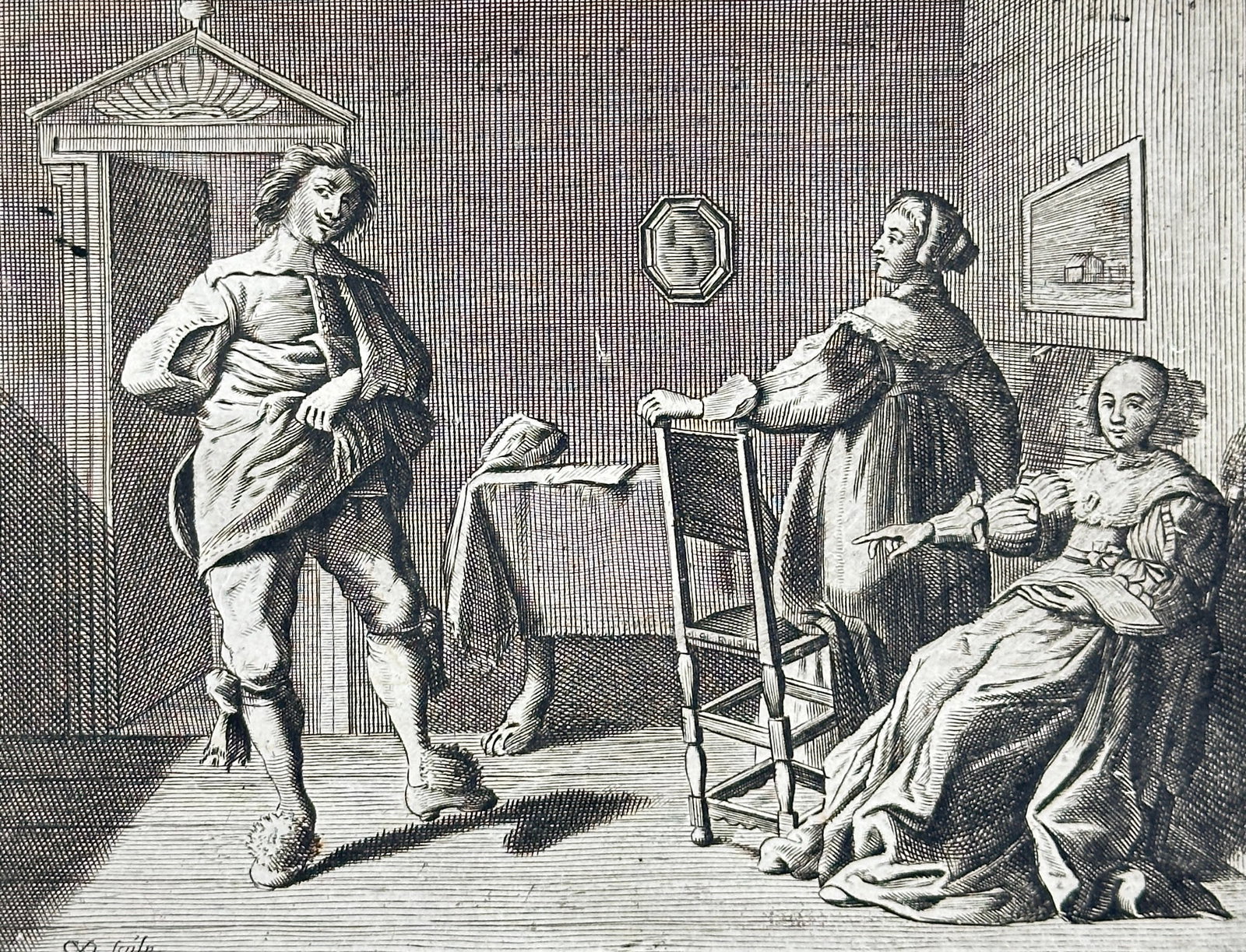 after Adriaen Pietersz. van de Venne – Limping Suitor – Copperplate Engraving (1637): This copperplate engraving titled Kreupele Aanbidder (Limping Suitor) depicts a young woman dismissing her lame suitor from a room, promising to respond to his advances once he stops limping. A maid w