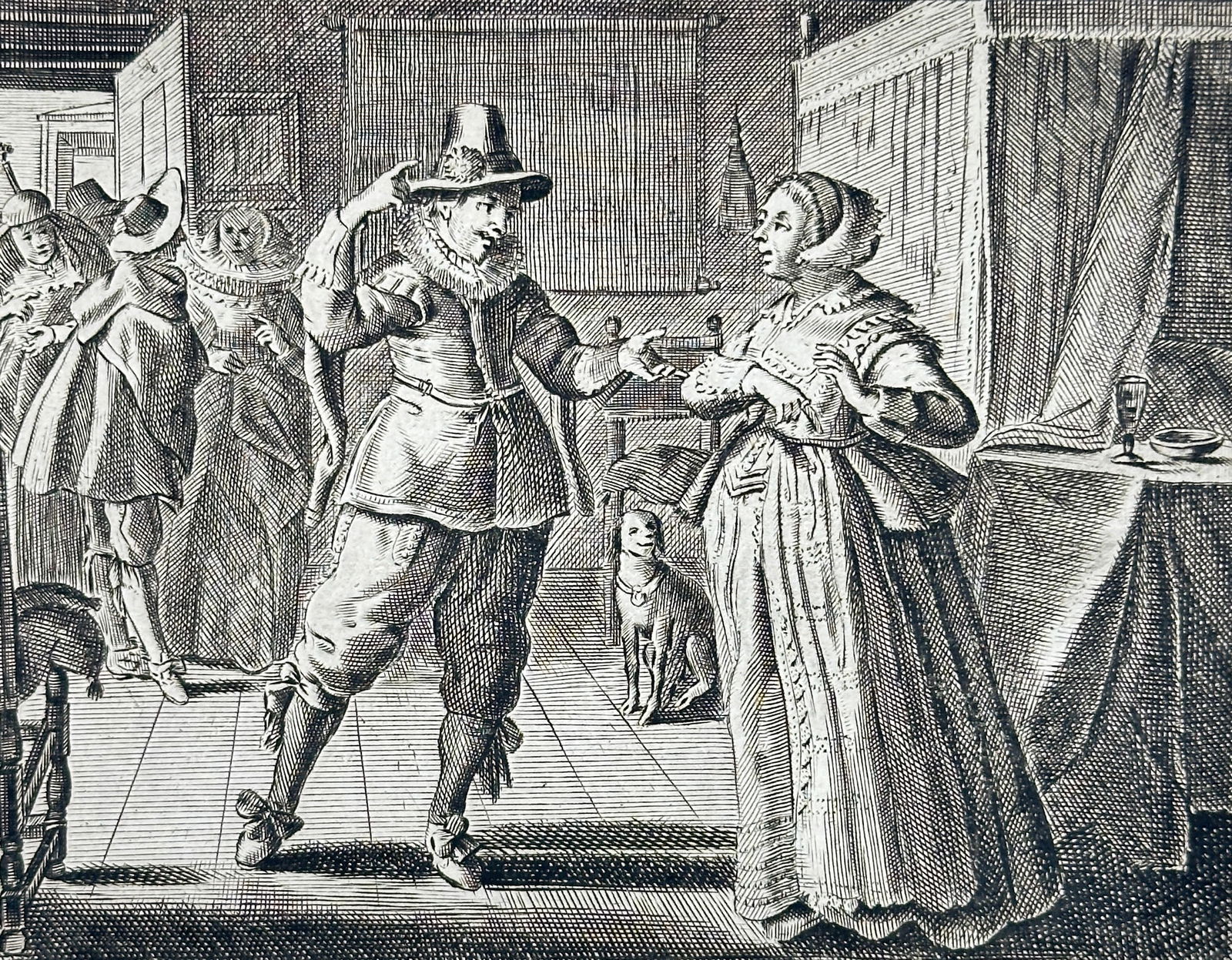 after Adriaen Pietersz van de Venne – Philetas and Psyche – Copperplate Engraving with: This copperplate engraving titled Philetas and Psyche depicts a romantic scene inside a room where Philetas, wearing a hat adorned with a rose, proposes marriage to Psyche. Elegantly dressed figures o