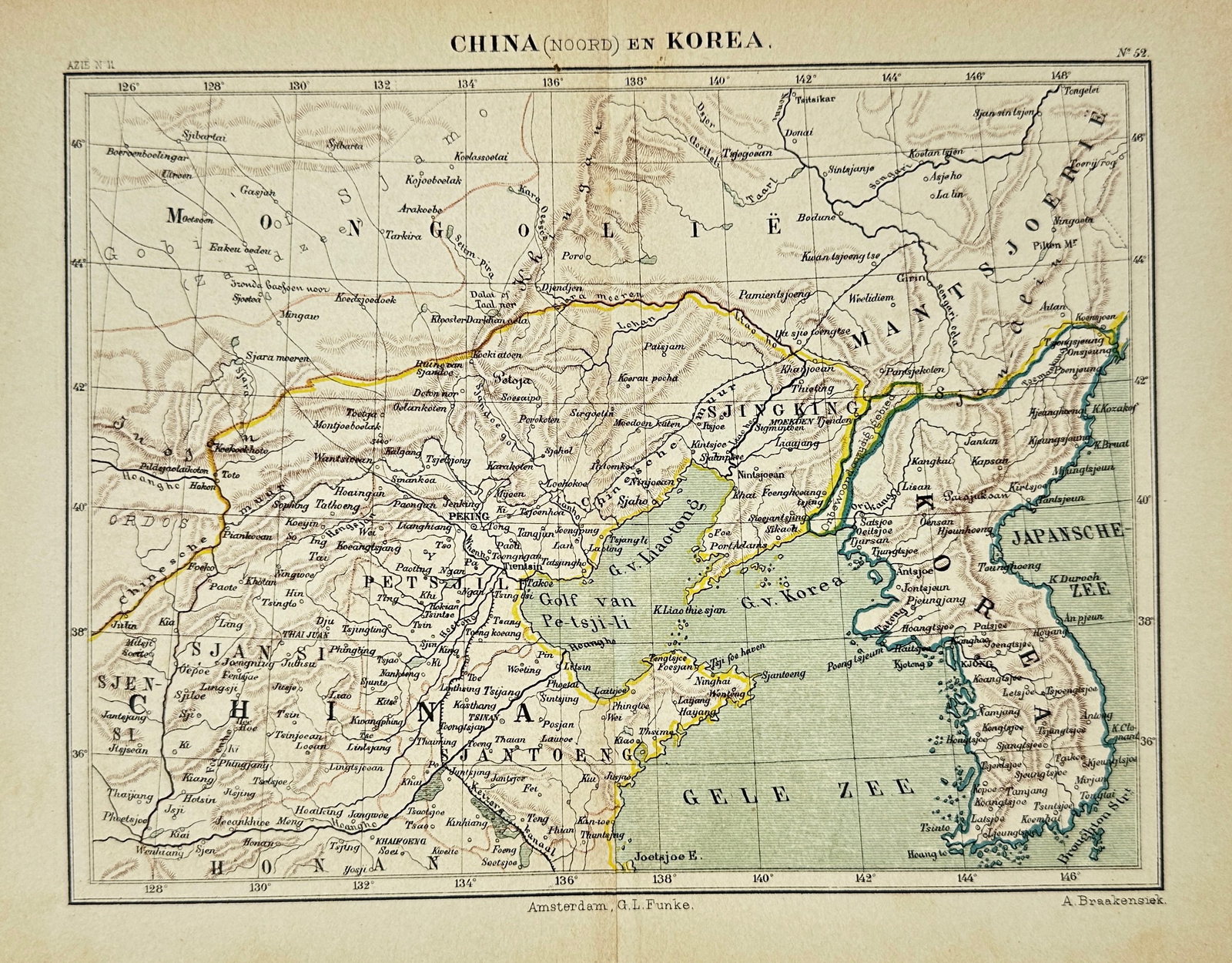 Jacob Kuyper (1835–1919) – Map of Northern China and Korea – Lithograph (1880): Lithographic map depicting Northern China and the Korean Peninsula, produced by Dutch cartographer Jacob Kuyper. This detailed late 19th-century map illustrates political boundaries, cities, rivers, a