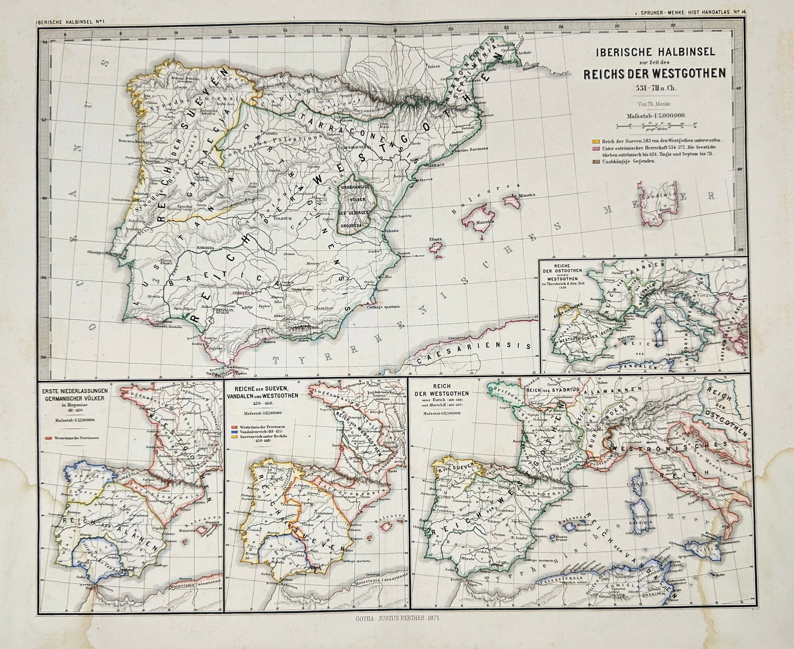 Justus Perthes, Gotha – Iberian Peninsula and Kingdom of the Visigoths – Lithograph (1871): Detailed lithographic map depicting the Iberian Peninsula during the era of the Visigothic Kingdom (Reichs der Westgoten). Published in 1871 by the renowned German cartographic publisher Justus Perthe