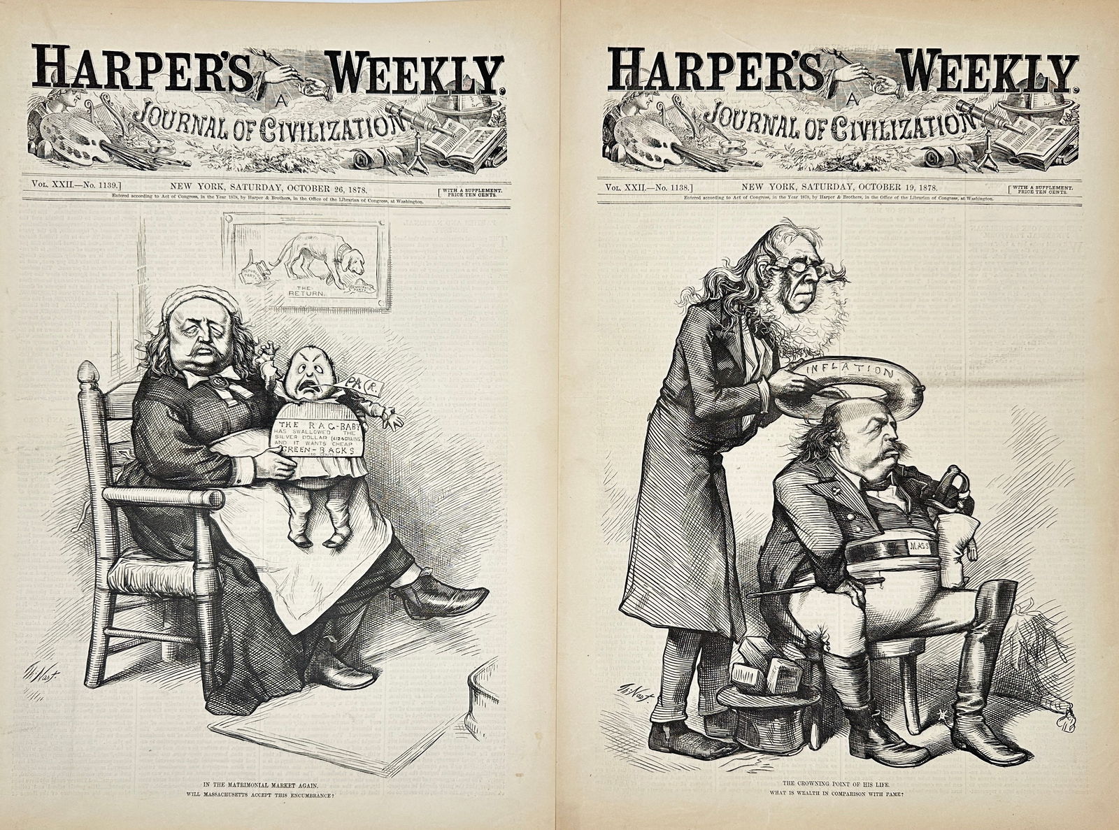 Harper's Weekly – Political Caricatures – October 1878 – Set of 2 Original Engravings (1 of 3)