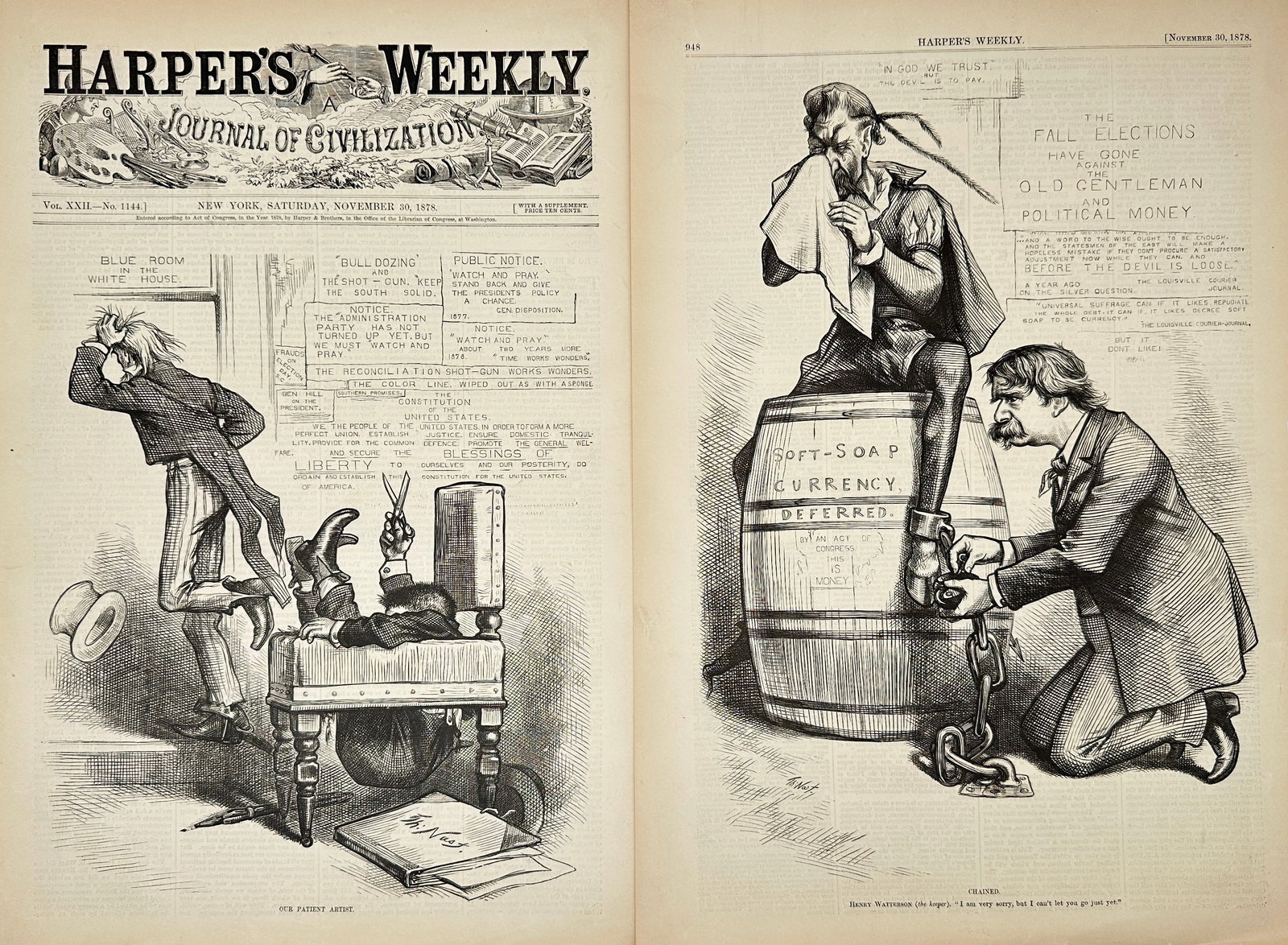 Harper's Weekly – Our Patient Artist Chained – Political Caricature – November 1878 – Vol.: This original 1878 engraving from Harper's Weekly titled "Our Patient Artist Chained" depicts a political caricature reflecting the constrained creativity and perseverance of artists within the social