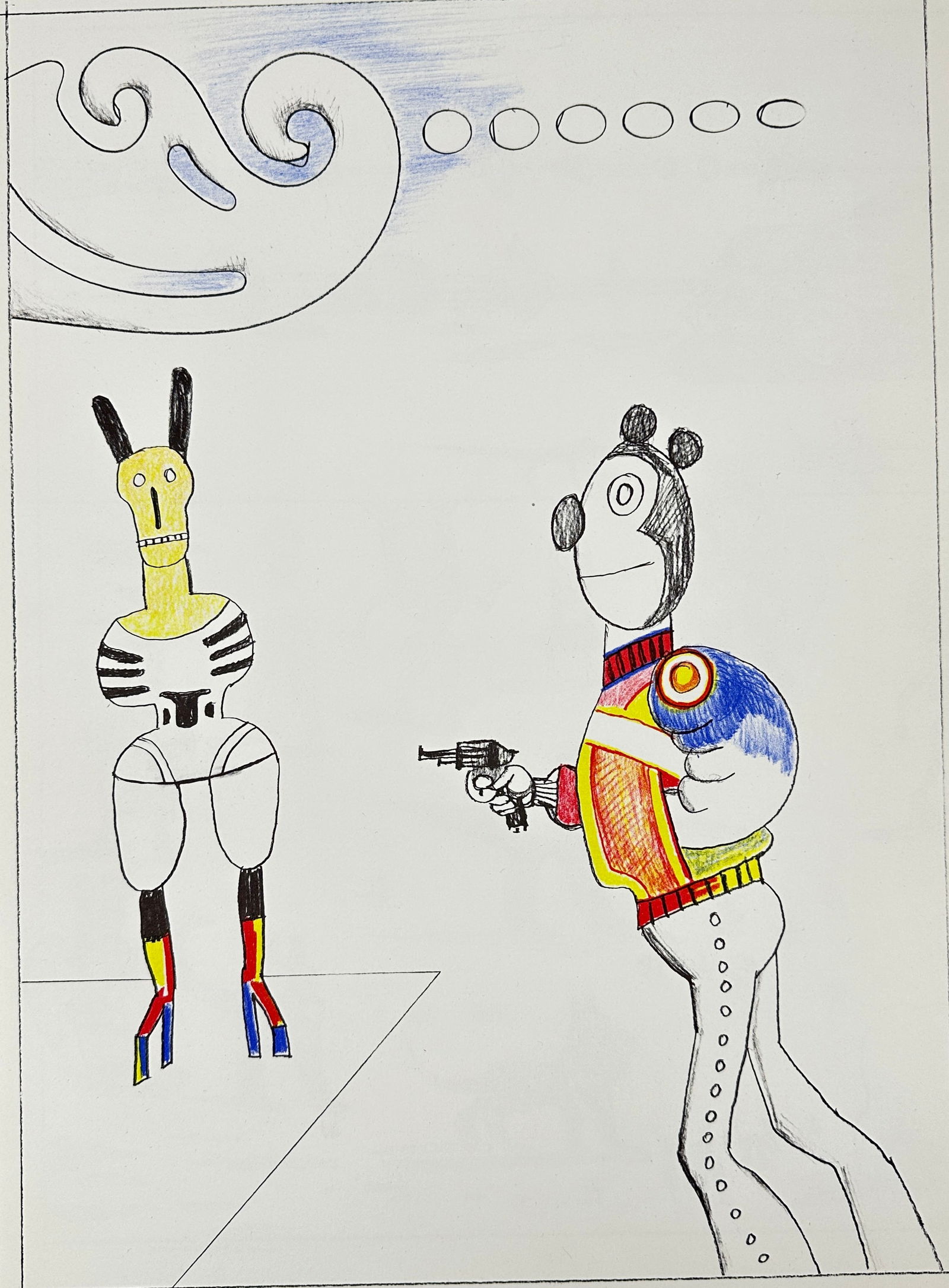 Saul Steinberg – Color Lithograph DLM 1977 – Cartoon Figures with Gun: This original 1977 color lithograph by Saul Steinberg, part of the DLM series, features his iconic cartoon-style figures, one holding a gun. Steinberg’s distinctive blend of humor, satire, and sharp
