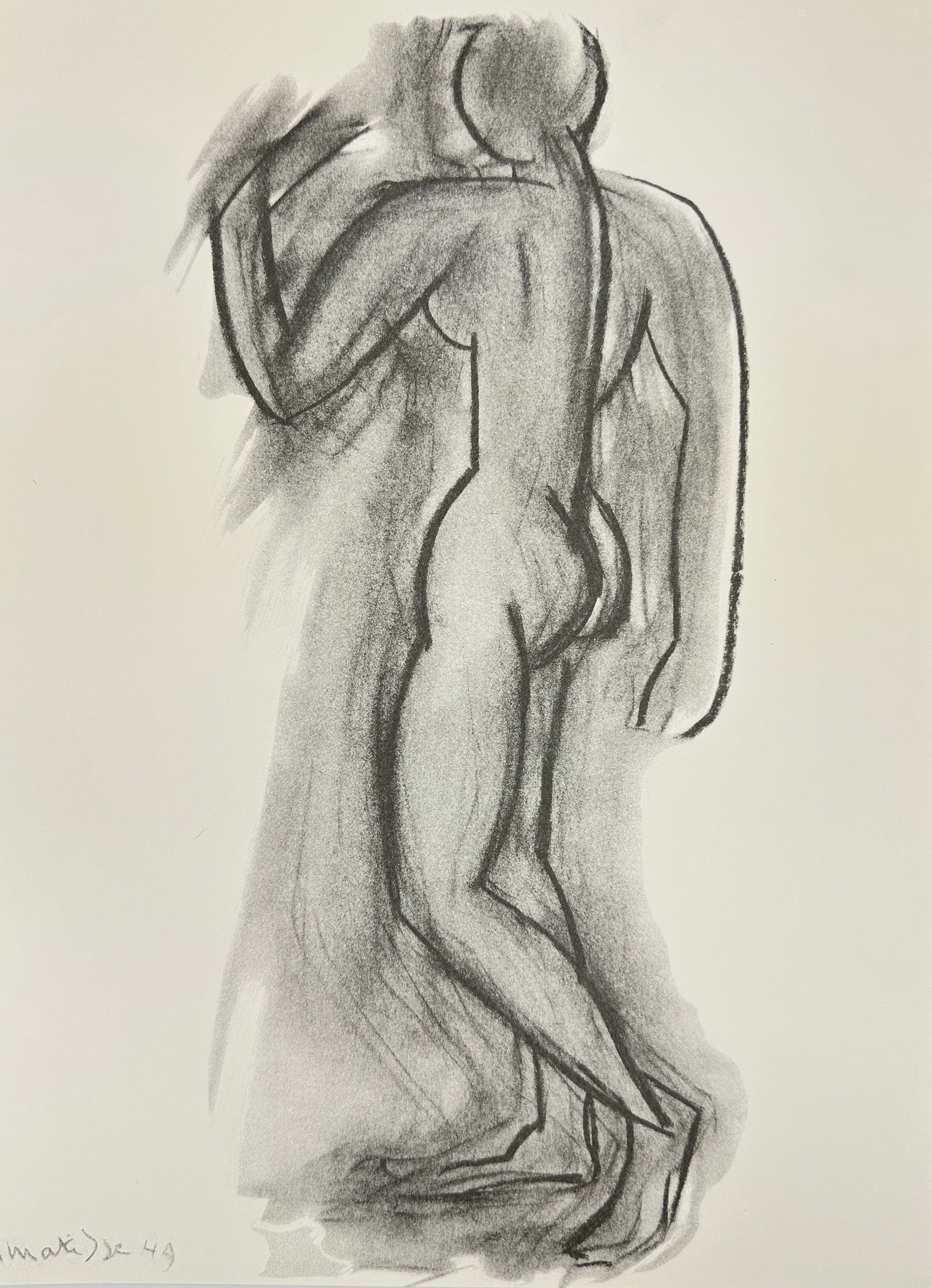Henri Matisse (1869–1954) – Untitled Nude Study – Charcoal Drawing – 1949: This original charcoal drawing by Henri Matisse, one of the most influential French artists of the 20th century, depicts an elegant nude figure rendered with dynamic lines and expressive shading. Crea