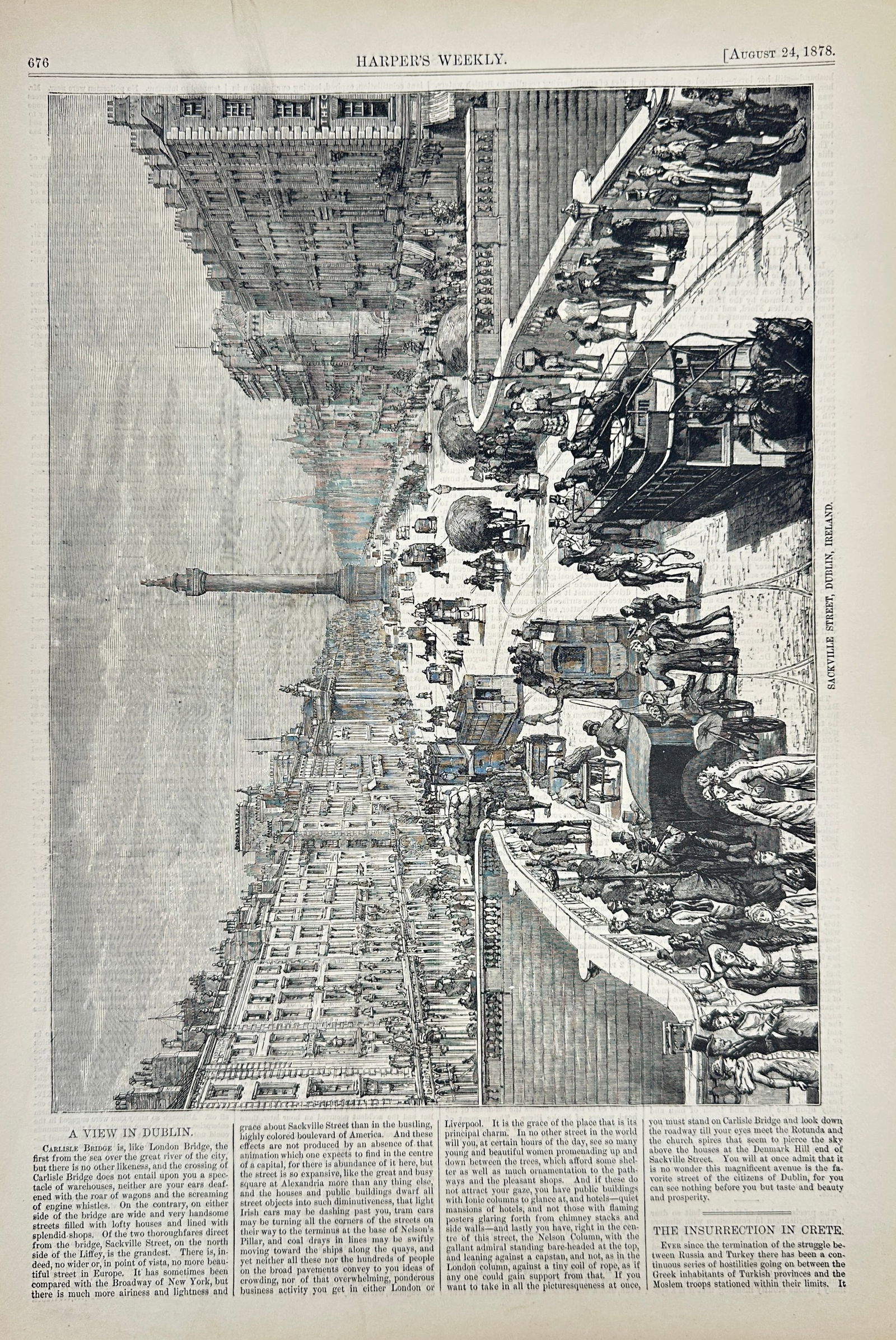 Harper's Weekly – Sackville Street, Dublin, Ireland – Original Woodcut Engraving – 1878 (1 of 3)