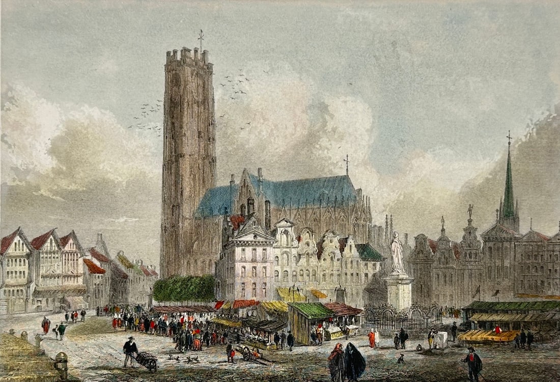 Monoyer Frères – Malines (Mechelen), Belgium – Original Hand-Colored Lithograph – 19th: This finely detailed 19th-century hand-colored lithograph by Monoyer Frères, lithographed by F. Chardon in Paris, depicts a vibrant cityscape of Malines (Mechelen) in Belgium. The print captures the 