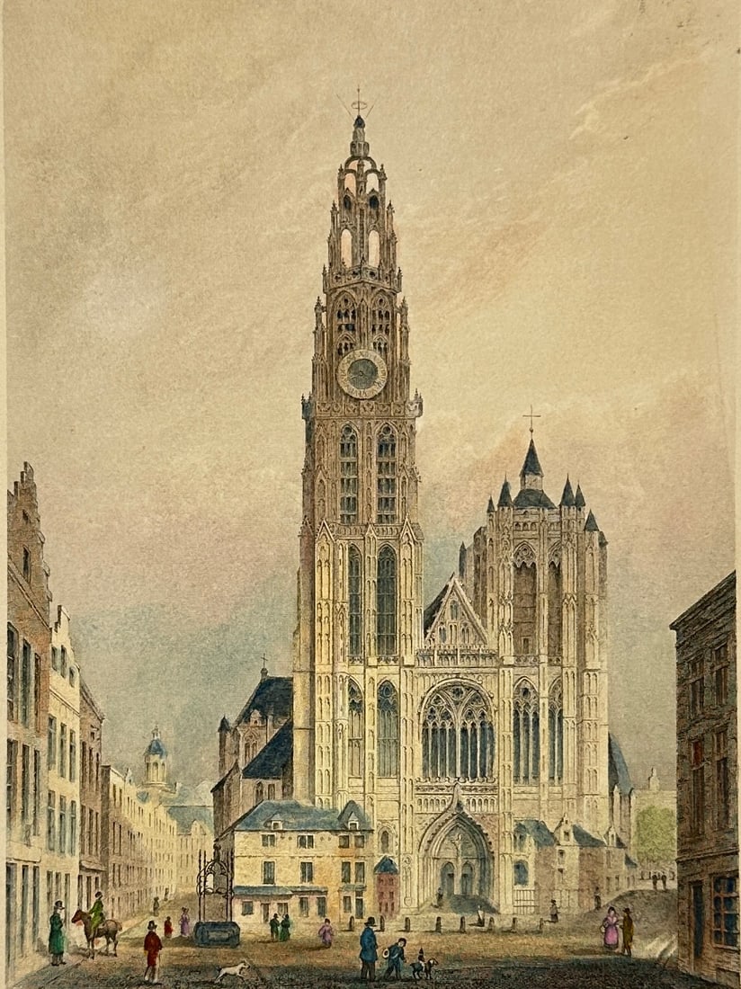 John Shury & Son – Antwerp Cathedral – Original Hand-Colored Engraving – 19th Century (1 of 2)