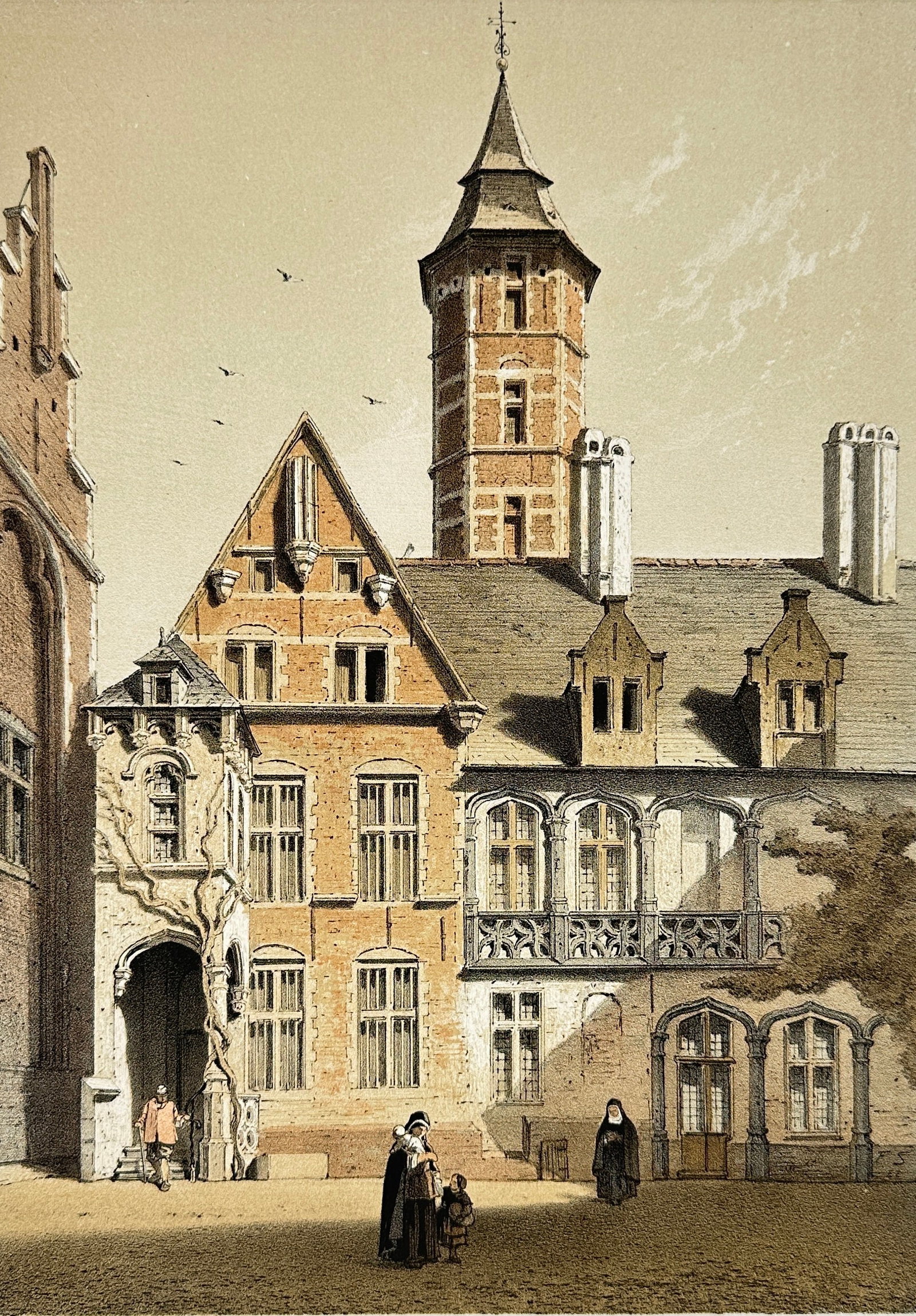 F. Stroobant – The Pawning Office at Mechlin – Original Hand-Colored Engraving – 1876: This original 1876 hand-colored engraving by F. Stroobant depicts the historic Mont-de-Piété building in Malines (Mechelen), Belgium. The print captures detailed architectural features and a glimpse