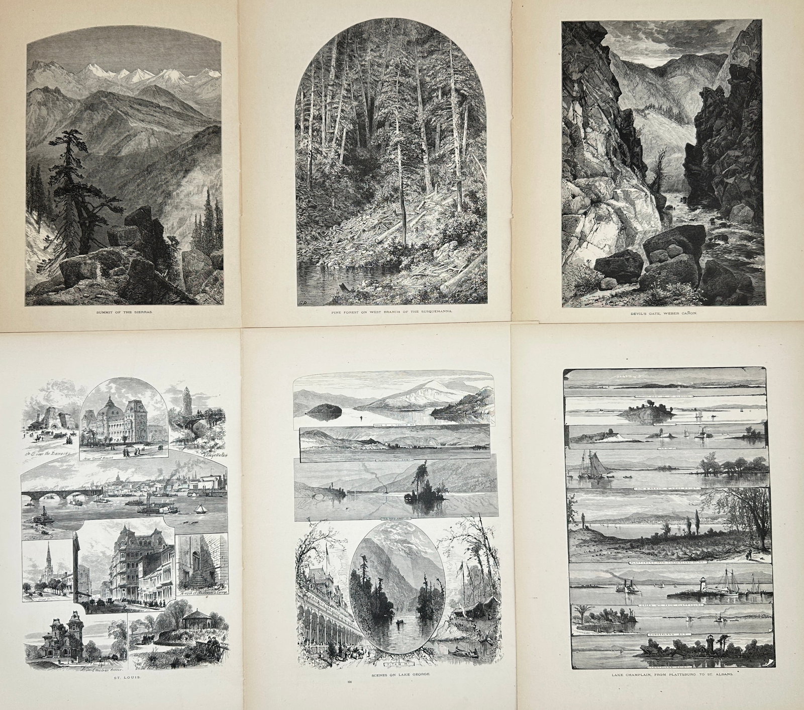 Set of 6 Original Antique Prints – Various North American and European Landscapes and City Views: This set of six original antique prints features detailed engravings depicting diverse landscapes and city scenes from North America and Europe. Highlights include the Summit of the Sierras, Fine Fore
