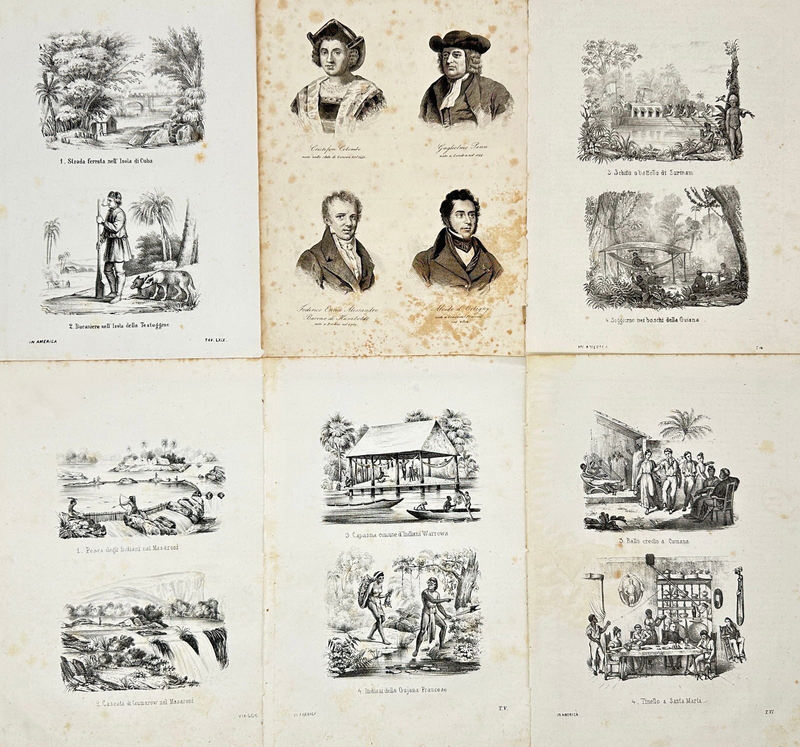 Set of 6 Original Antique Italian Engraving Sheets – Indigenous People, Nature and Settlements: This set of six original antique Italian engraving sheets features detailed depictions of indigenous people, natural landscapes, and settlements in America. The scenes include native tribes, fishing,