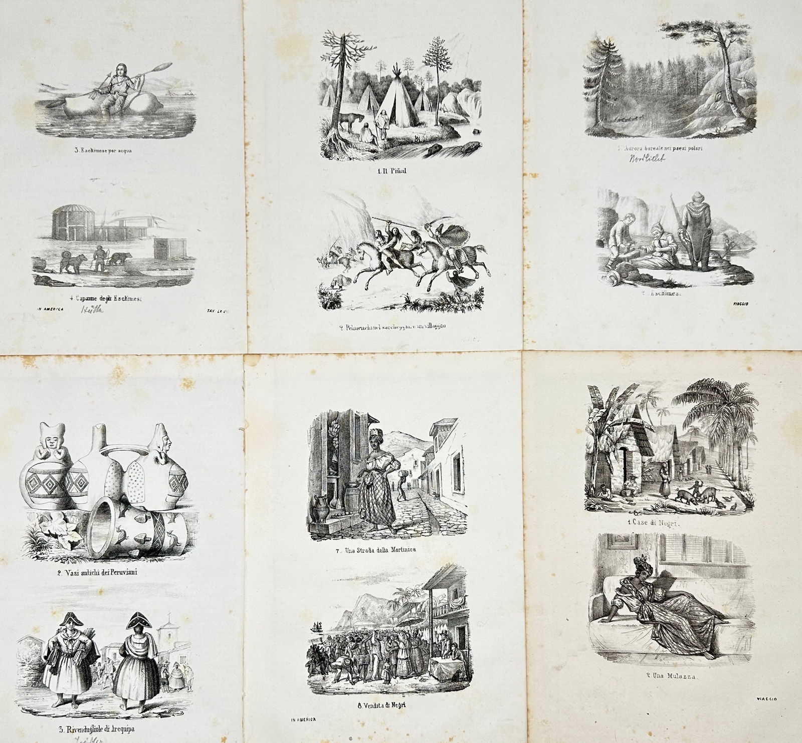 Set of 6 Original Antique Italian Engraving Sheets – Indigenous Peoples, Artifacts and Daily Life (1 of 2)