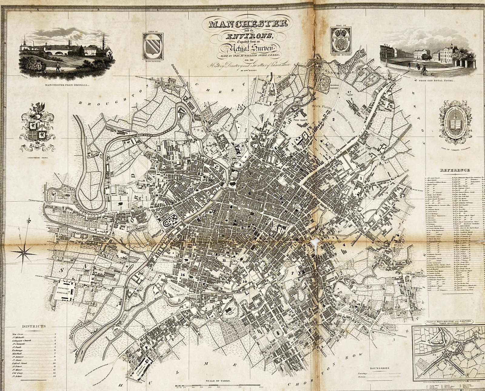 William Swire – Map of Manchester and Its Environs – Original Engraving – 1824: This original 1824 engraving by William Swire presents a detailed plan of Manchester and its surrounding areas, capturing the urban layout during the early industrial period. The map includes key land