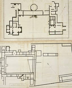 S. Lysons - Set of 2 Original Architectural Plans – Roman Villas – Early 19th Century: This set contains two original architectural plans of Roman villas by Samuel Lysons, a renowned English antiquarian and archaeologist. The first plan depicts the remains of a Roman villa discovered in