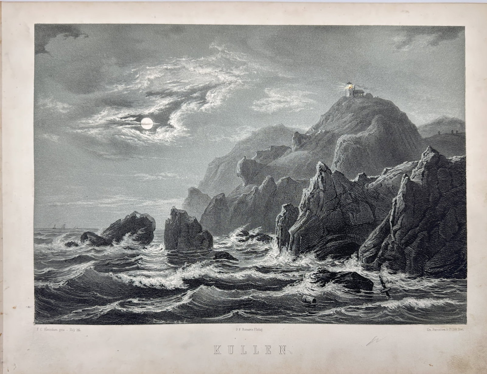 Alexander Nay and Johan August Berg – Kullaberg (Kullen), Sweden – Steel Engraving: This steel engraving depicts Kullaberg (Kullen) in Sweden and originates from the collaborative work Sverige Framstäldt i Taflor by Alexander Nay and Johan August Berg, published 1850-56. The print i