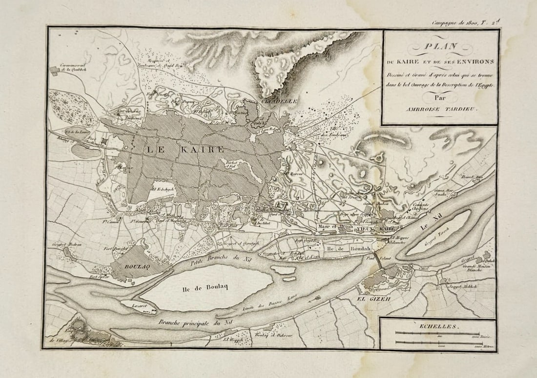 Ambroise Tardieu (1788–1841) – Map of Cairo and Its Environs – Engraved Map: This detailed topographic map by Ambroise Tardieu, titled Plan du Kaire et de ses environs, depicts the city of Cairo and its surrounding landscape during the time of the Napoleonic expedition to Egyp
