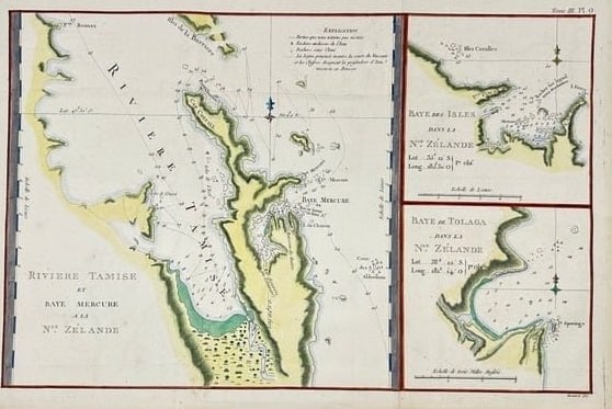 Benard Dir. – Map of the Thames River, Mercury Bay, and Tolaga Bay – Hand-Colored Engraving: This finely detailed hand-colored engraving by Benard, under direction, depicts the Thames River, Mercury Bay, Bay of Islands, and Tolaga Bay along the eastern coast of New Zealand’s North Island. P