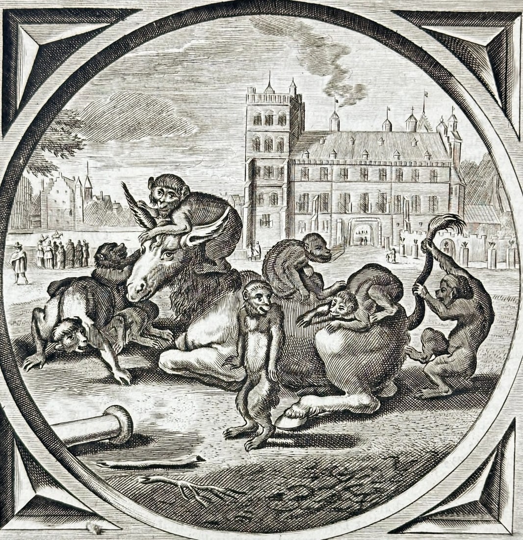 Adriaen Pietersz. van de Venne – Satirical Scene with Monkeys – Engraving (1655) (1 of 3)