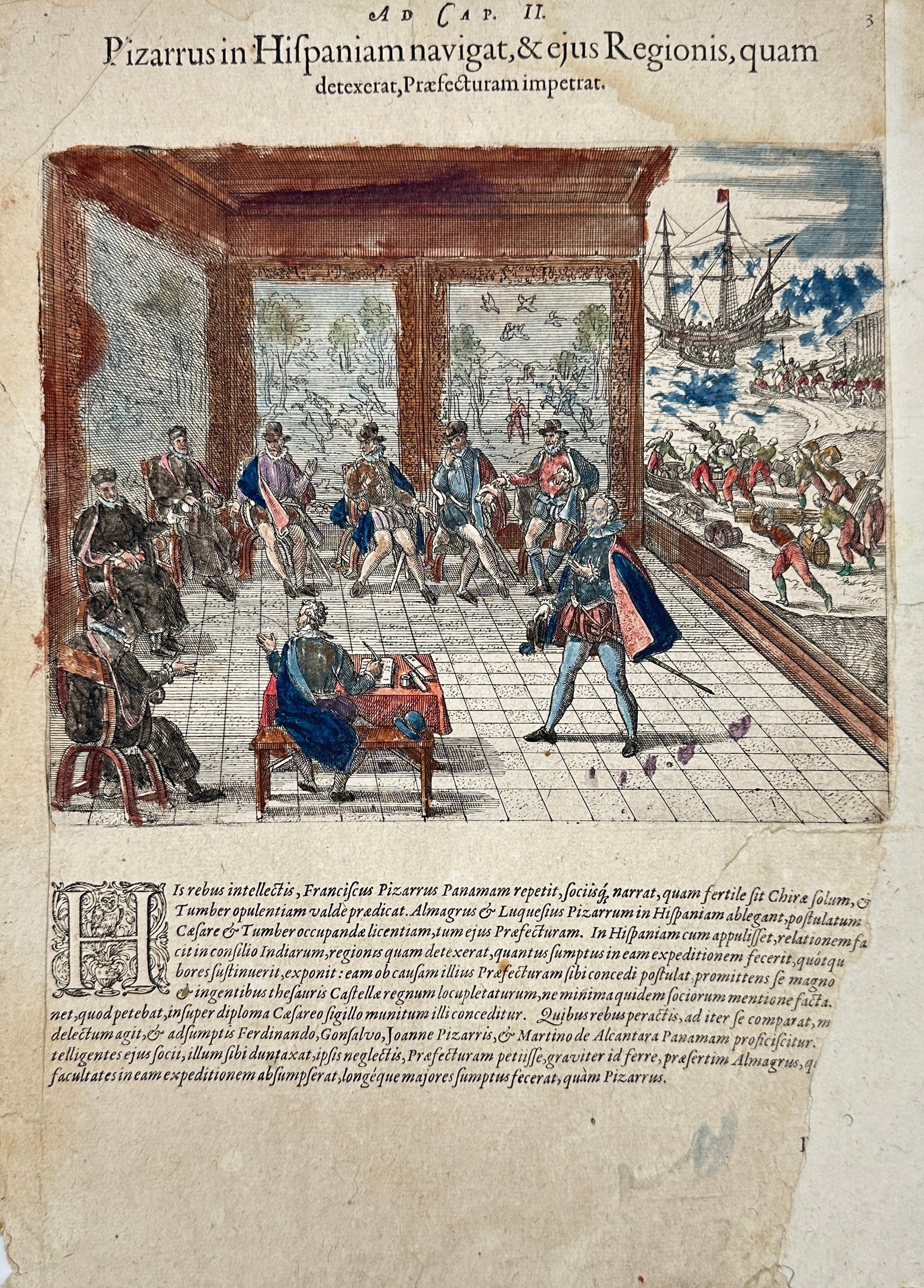 Johann Ludwig Gottfried / De Bry – Pizarro in Hispaniola with His Region – Hand-Colored (1 of 3)