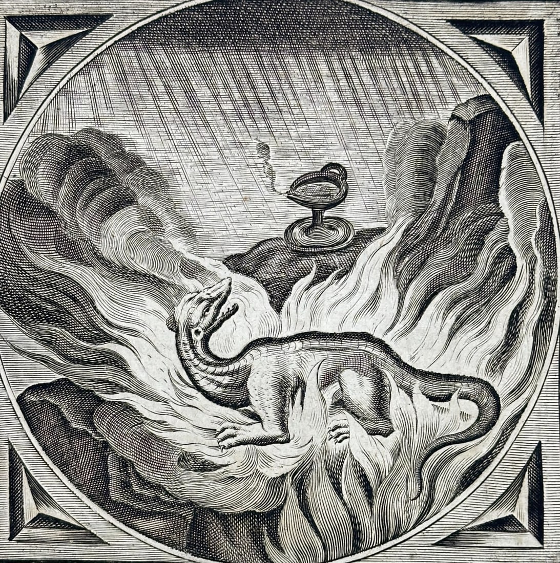 Adriaen Pietersz. van de Venne (1589–1662) – The Salamander in Flames – Engraving: This symbolic engraving by Adriaen van de Venne comes from Jacob Cats’s renowned emblem book Sinnelick leven (1655). It depicts a salamander—a mythical creature believed to survive and even thrive