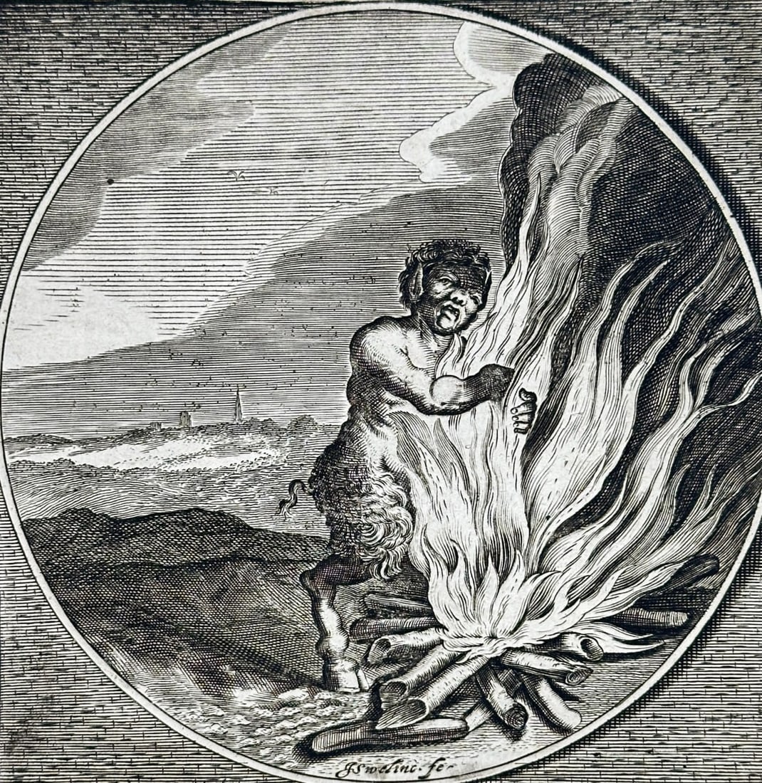 Adriaen Pietersz. van de Venne (1589–1662) – Pan and the Flame – Engraving: This allegorical engraving by Adriaen van de Venne illustrates the mythological figure Pan reaching toward a flame, unaware of the danger it presents. The Latin motto Quod non noris, non ames (“Do n