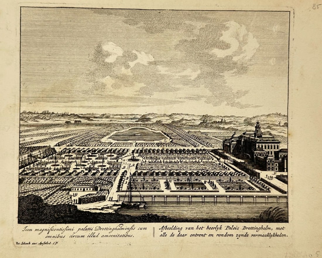Petrus Schenk the Younger – View of Drottningholm Palace and Gardens – Engraving: This engraving by Petrus Schenk the Younger depicts the magnificent Drottningholm Palace with its extensive formal gardens and waterways. The view captures the grandeur and detailed layout of the roya