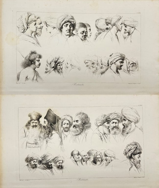 Dominique Vivant Denon – Set of 2 Engravings – Portraits of Turk Pasha and Egypt: This antique set of two engravings is from Dominique Vivant Denon’s Voyage dans la Basse et la Haute Égypte, pendant les campagnes de Bonaparte, published by Samuel Bagster in London in 1809. The p
