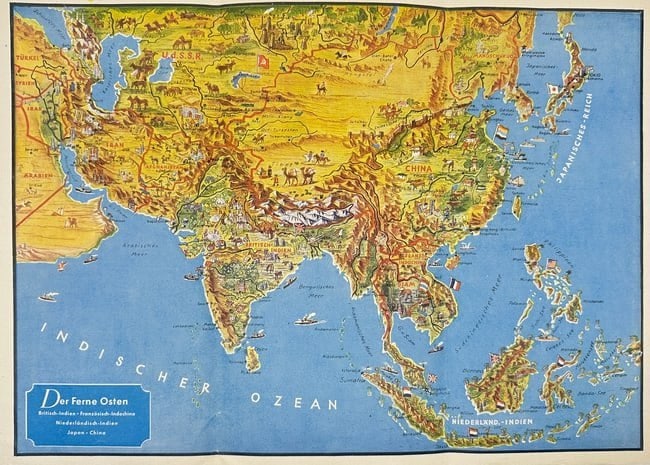 Unknown – Der Ferne Osten – Chromolithograph Map – c.1950s: This pictorial map titled Der Ferne Osten ("The Far East") presents a detailed and colorful depiction of Asia, including parts of Europe and the Middle East. It highlights major regions such as Turkey