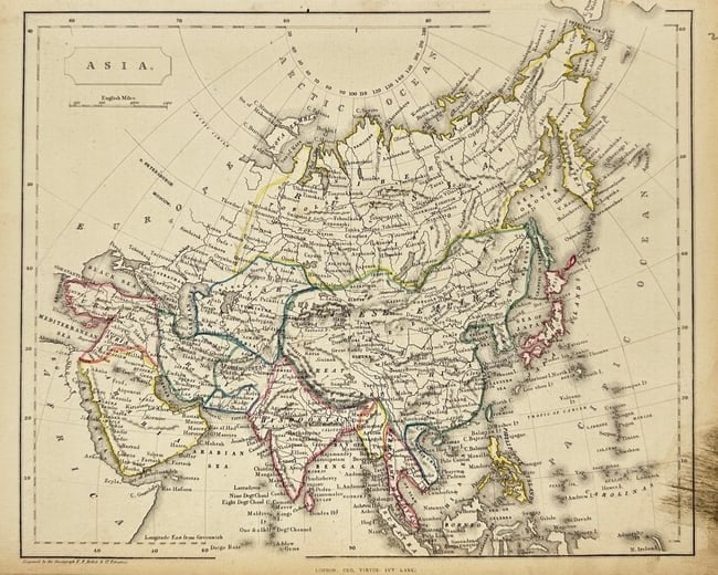 F. P. Bider & Co. – Map of Asia – Hand-Colored Copperplate Engraving: This hand-colored copperplate map illustrates Asia with detailed political boundaries marked in various colors, covering regions from the Middle East through the Indian subcontinent, Southeast Asia, C