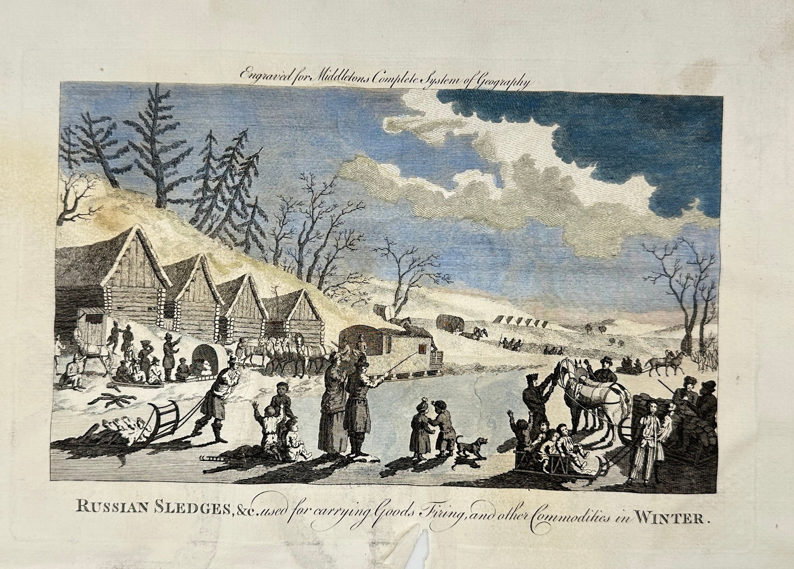 Middleton’s Complete System of Geography – Russian Sledges used for carrying Goods: Hand-colored etching engraved for Middleton’s Complete System of Geography, published in London in 1788, illustrating the use of sledges in Russia for winter transport. The scene shows a bustling vi