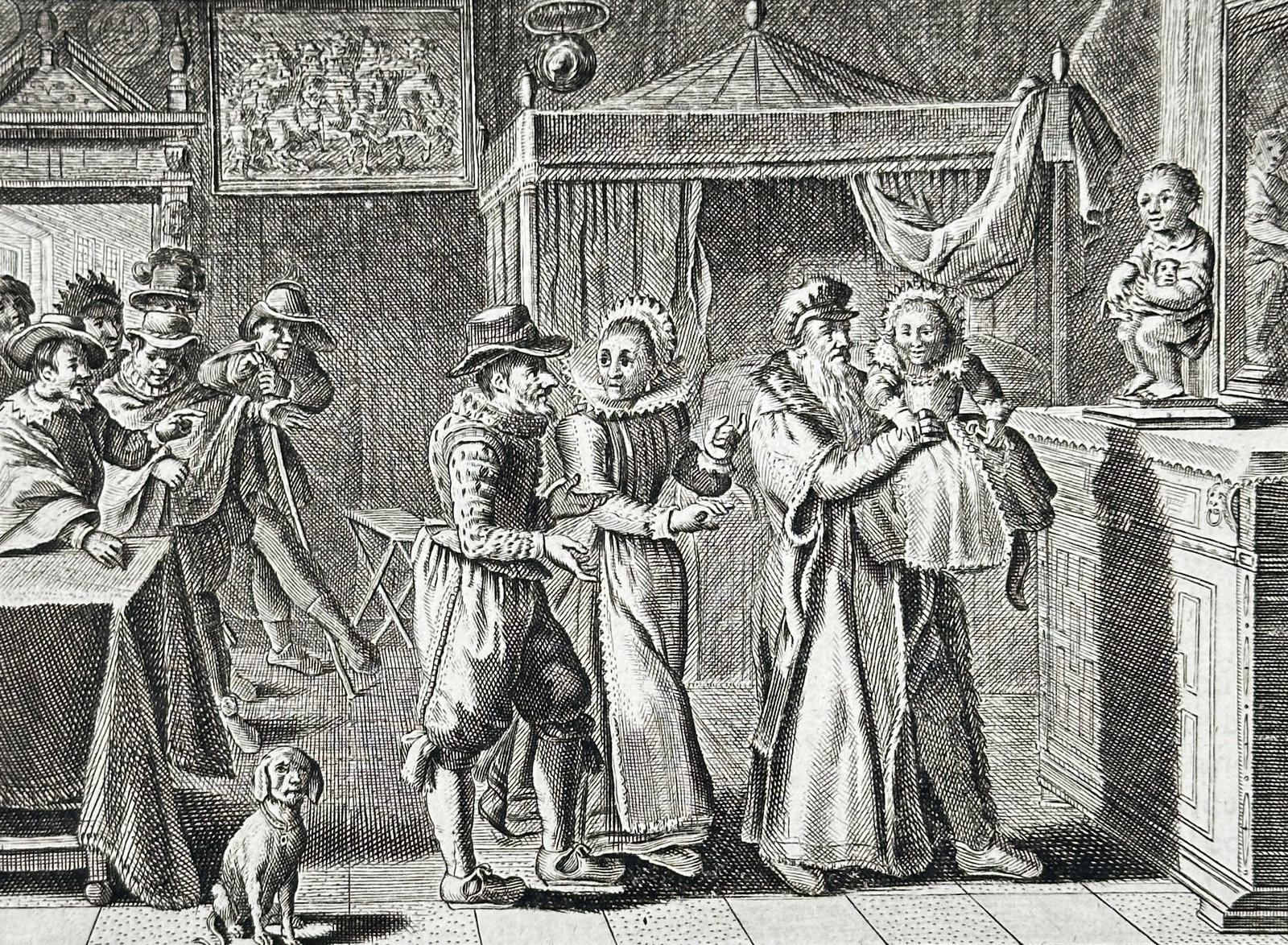 Jacob Cats – Moeder (Mother) – Copperplate Engraving with Letterpress – 17th Century: This detailed 17th-century engraving by Jacob Cats, from his emblematic book series, depicts a domestic interior scene titled "Moeder" (Mother). The image portrays a mother holding a child with variou