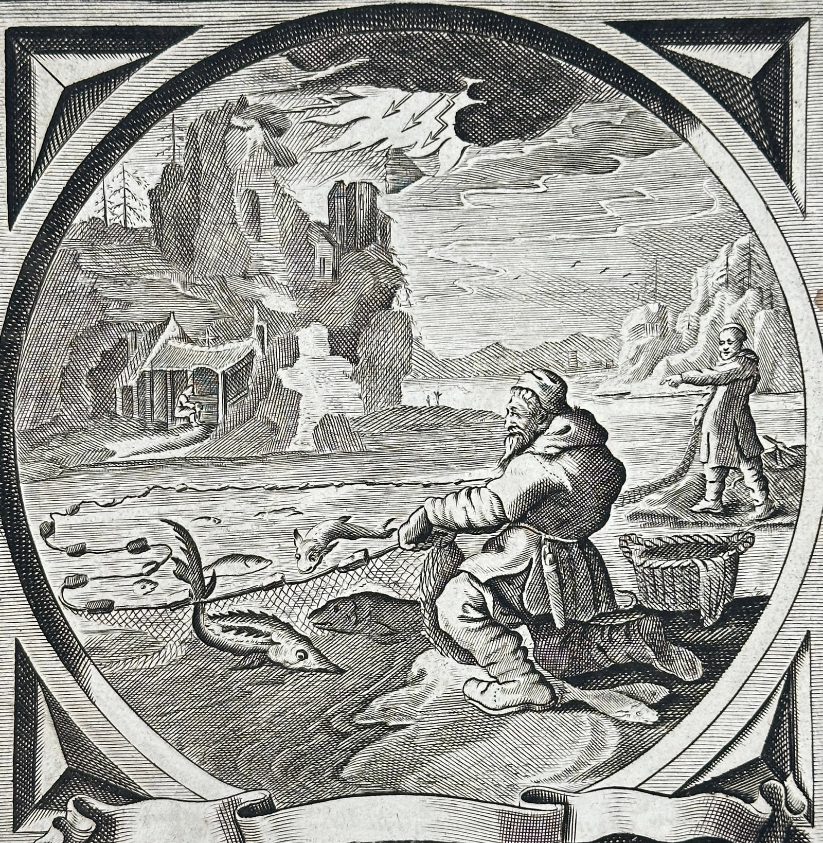 Jacob Cats  – Emblematic Engraving Fishermen with Nets – Early 17th Century (1 of 3)