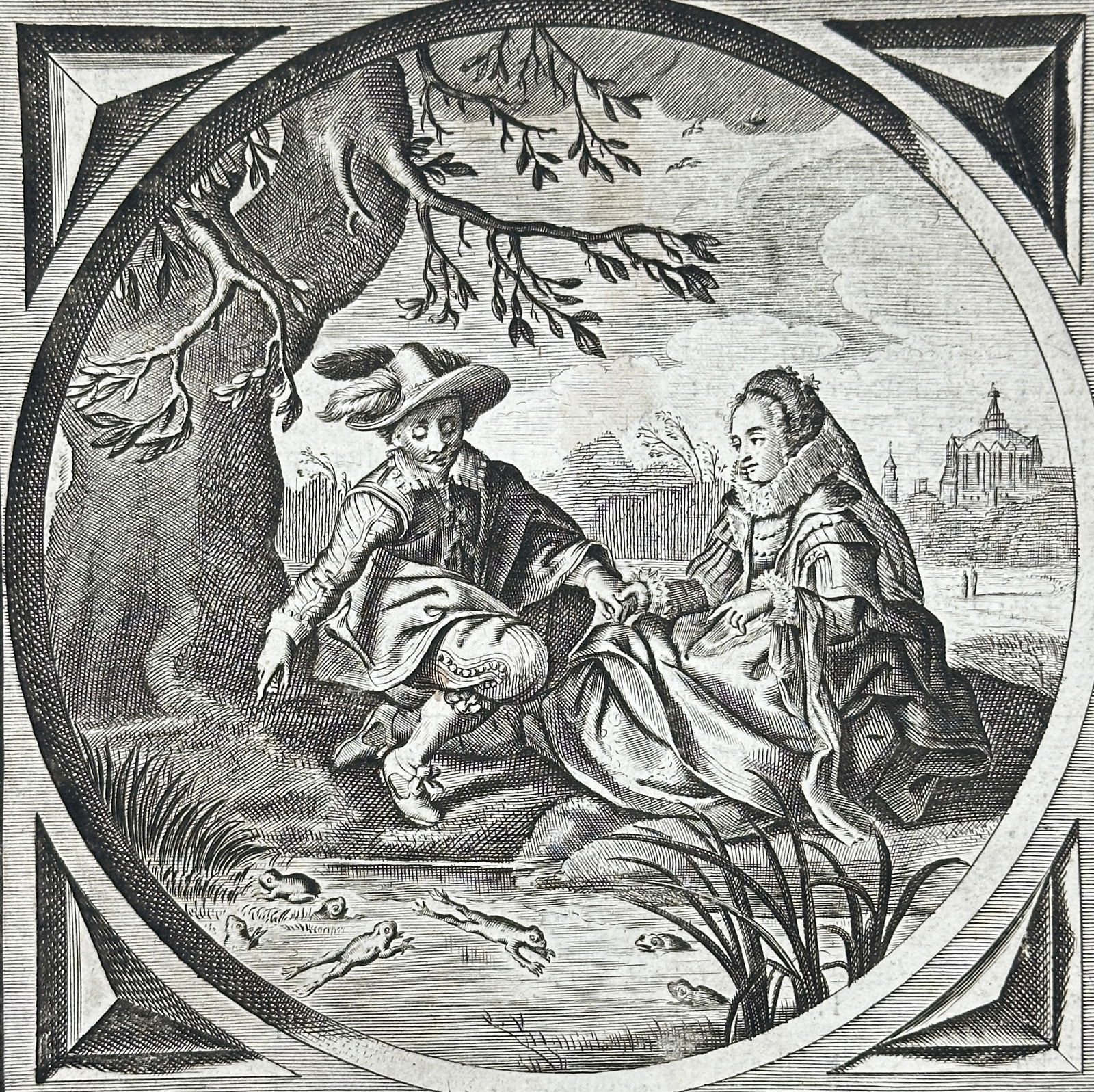 Jacob Cats – Emblematic Engraving Showing a Man and Woman by a Pond with Frogs (1 of 3)