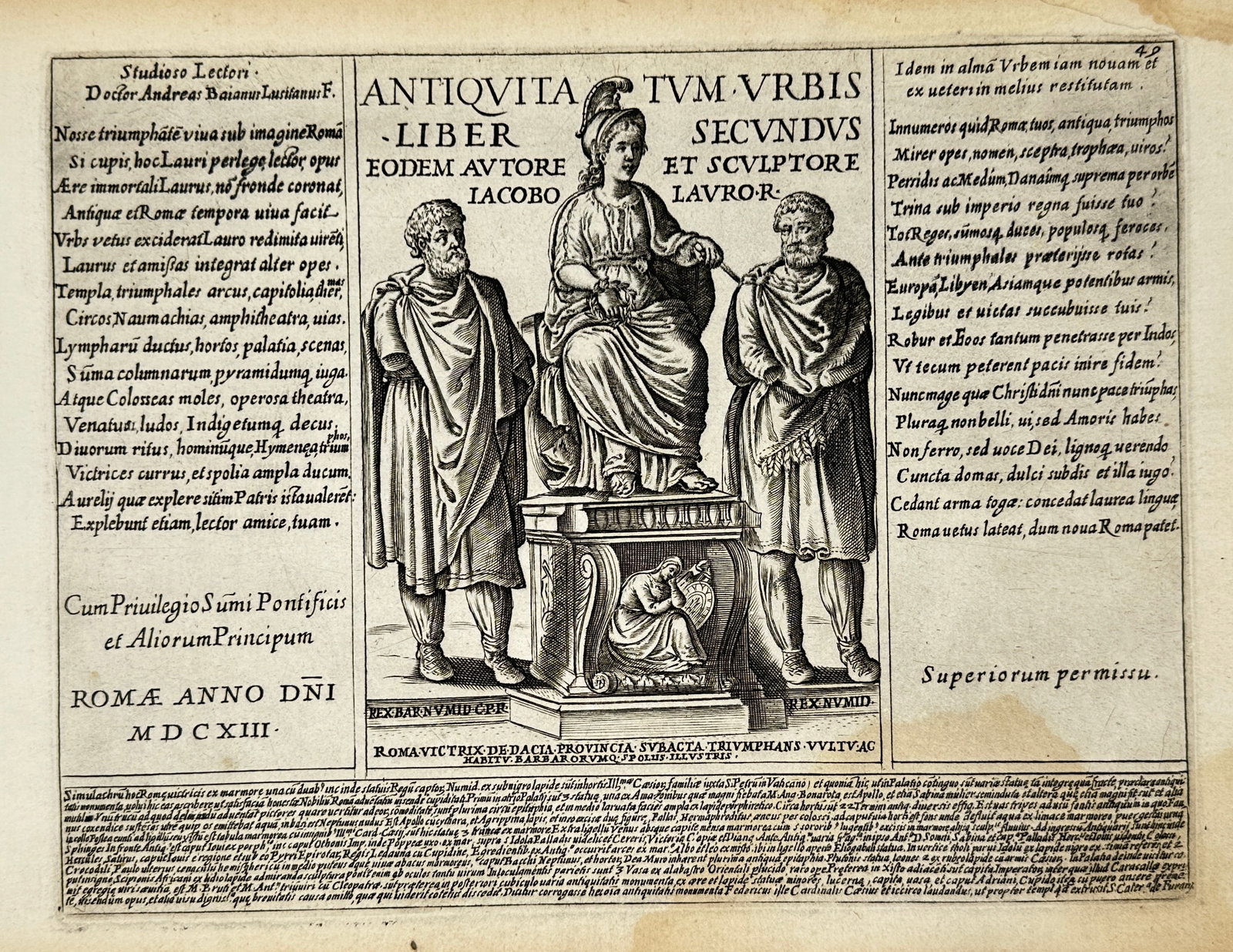Giacomo Lauro – Antiquae Urbis Splendor: Frontispiece to the Second Book – Copperplate Engraving: This engraved frontispiece introduces the second volume of Antiquae Urbis Splendor, the celebrated topographical work by Roman artist Giacomo Lauro. The composition centers on an allegorical personifi