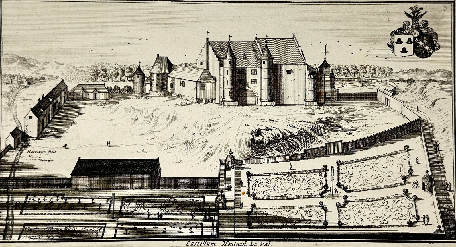 Jacobus Harrewijn – View of the Castle of Houtain-le-Val – Copperplate Engraving – Late 17th: This detailed architectural engraving depicts the Château de Houtain-le-Val in Belgium, rendered from an elevated frontal perspective that emphasizes both the formal gardens and the fortified medieva