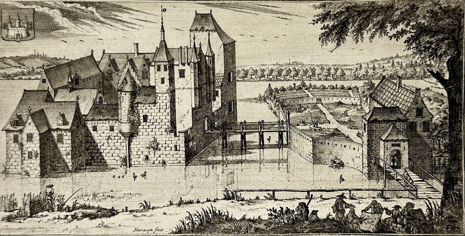 Jacobus Harrewijn (1660–1727) – Castellum Genap – Copperplate Engraving – ca. 1694: This copperplate engraving shows the historic castle of Genappe (Castellum Genap) in the province of Brabant, Belgium, as it appeared in the late 17th century. The view depicts the moated fortress com