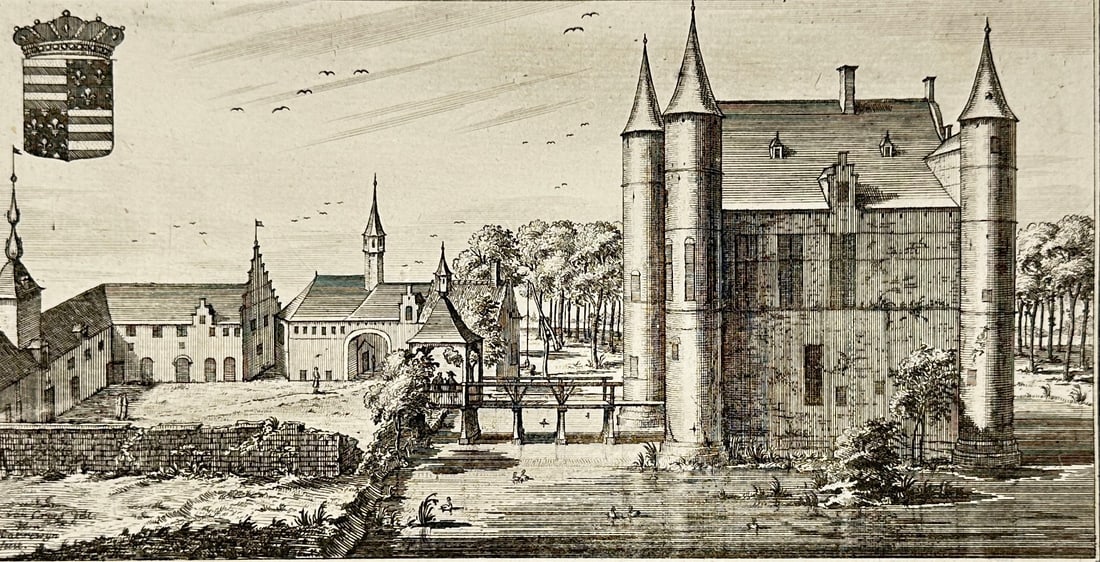 Jacobus Harrewijn – Prospectus Castelli Oyensbrugge – Copperplate Engraving – ca. 1694: This copperplate engraving shows a detailed view of the Château d’Oyenbrugge (Oyensbrugge) near Grimbergen in the Brabant province of Belgium. The scene features the moated fortress with cylindrica