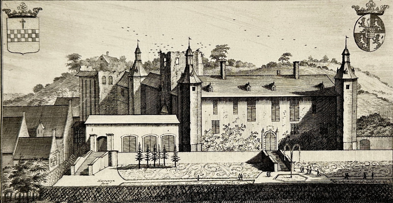Jacobus Harrewijn – Castellum Rixensart, Brabant – Copperplate Engraving – Late 17th Century: This original copperplate engraving by Jacobus Harrewijn depicts the Château de Rixensart (Castellum Rixensart), a noble estate situated in the province of Brabant, Belgium. The engraving offers a de