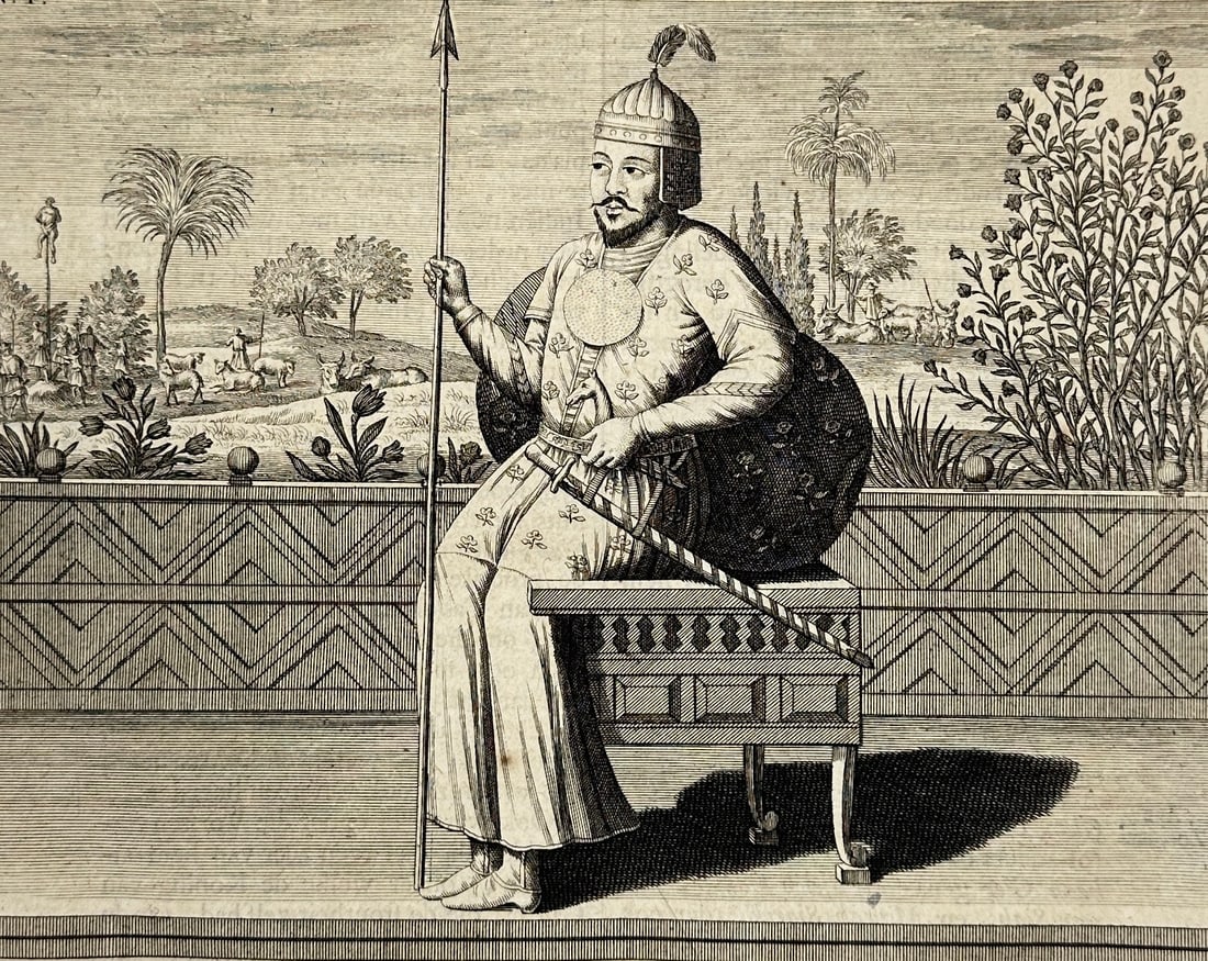 François Valentijn – Portrait of Timur the First Great Mughal – From Oud en Nieuw Oost-Indiën: This illustrated page was published in François Valentijn’s Oud en Nieuw Oost-Indiën (1724), the most extensive Dutch colonial chronicle of Asia in the early 18th century. The engraving at the bot
