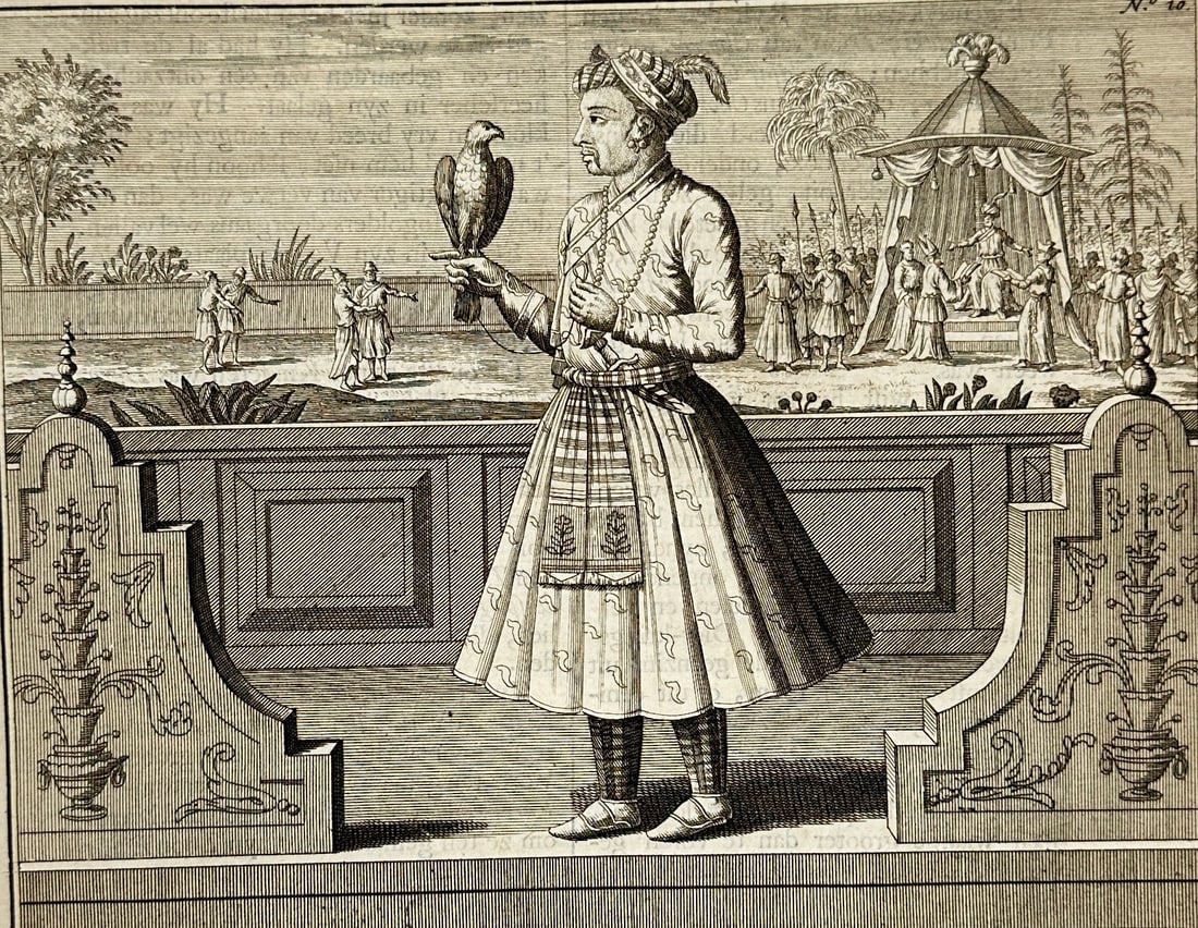 François Valentijn – Portrait of Rafi Ud Darajat, Mughal Emperor with Falconry Scene: This engraving from François Valentijn’s Oud en Nieuw Oost-Indiën depicts Rafi Ud Darajat, a Mughal emperor, engaged in falconry—a popular royal pastime symbolizing power and prestige in Mughal 