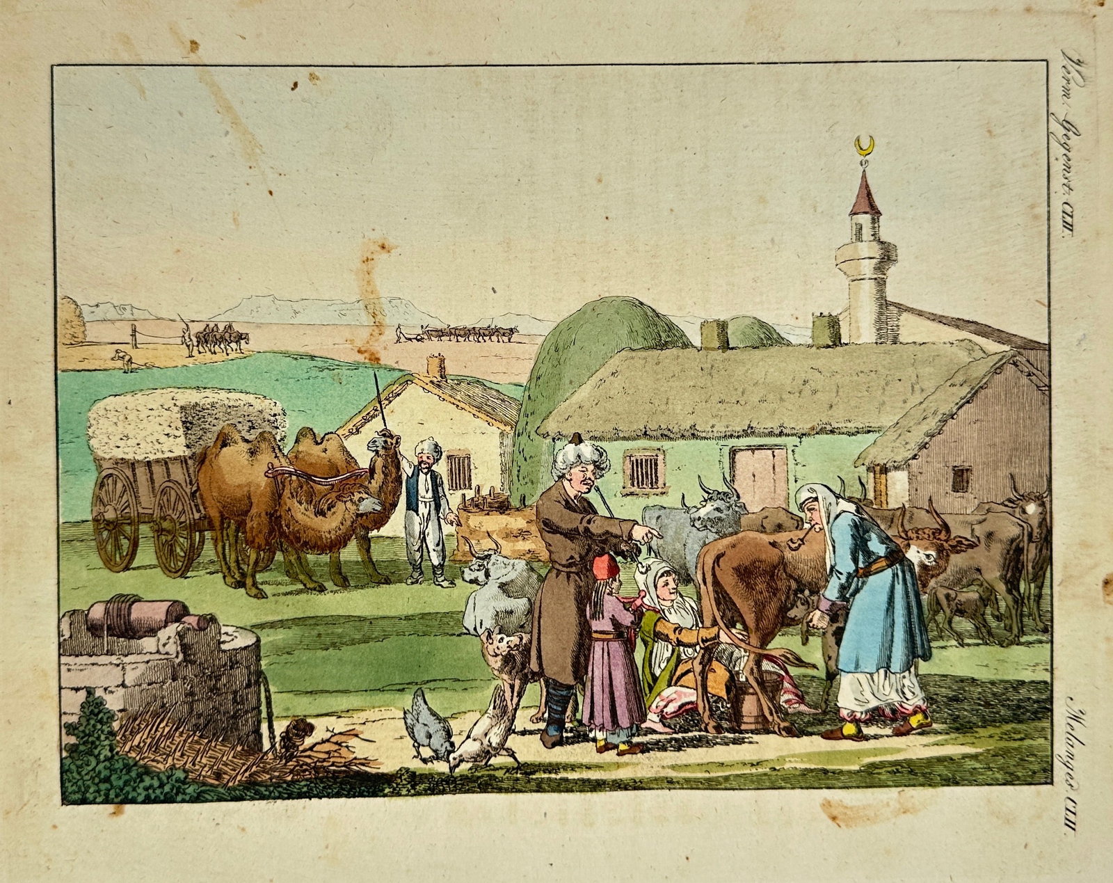 Christian Gottfried Heinrich Geissler – Tatar Peasants of Crimea – Hand-Colored Copperplate: This hand-colored copperplate engraving depicts Tatar peasants from the valleys of the Crimean Peninsula (Ukraine) engaged in daily rural life. The scene shows peasants milking cows and tending to liv