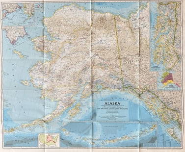 National Geographic Society – Map of Alaska – Printed Color Map – 1974: This detailed map of Alaska was published in 1974 by the National Geographic Society as a supplement to The National Geographic Magazine. It presents a comprehensive topographic and political overview