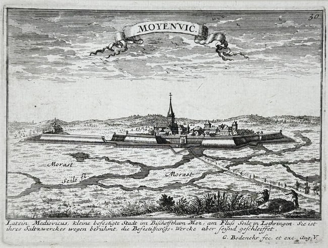 Gabriel Bodenehr – View of Moyenvic, Lorraine – Engraved Print – Early 18th Century (1 of 3)