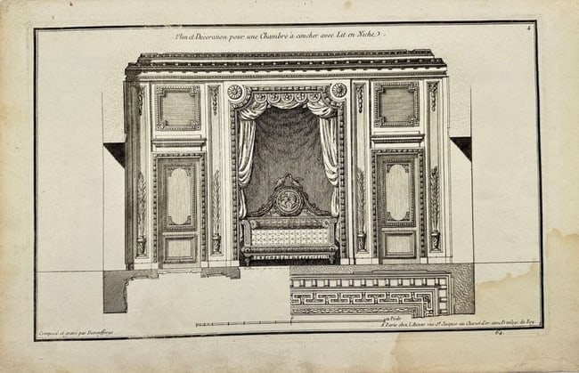 Jean-François de Neufforge – Aménagement et décoration de la pièce – Engraving: This finely executed engraving by Jean-François de Neufforge illustrates the interior arrangement and decorative scheme of a neoclassical room, featuring detailed architectural elements, furnishings,